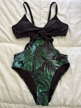 SHEIN Black Top with Green Tropical Leaf Cutout One-Piece Swimsuit